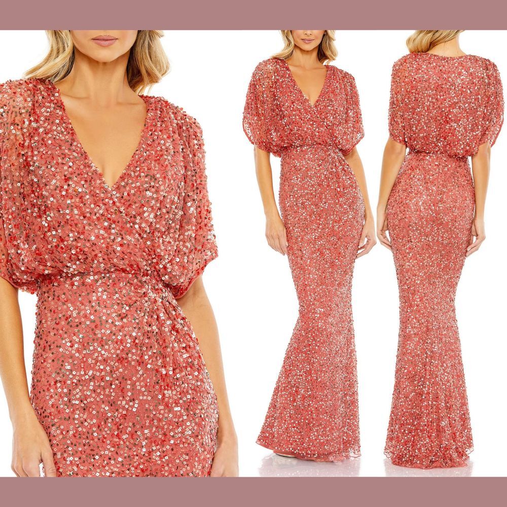 NWT $498 Mac Duggal [ 4 ] Draped Sleeve V Neck Gown in Paprika Orange Red #G1830